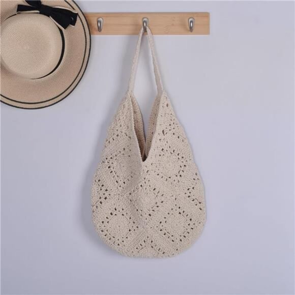 Crochet Beach Bag, Summer Beach Bags for Women Beige - Picture 7 of 7